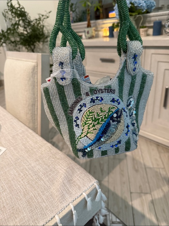 Handbags - Beaded Green & White Striped Mini Bag with Fish Motif